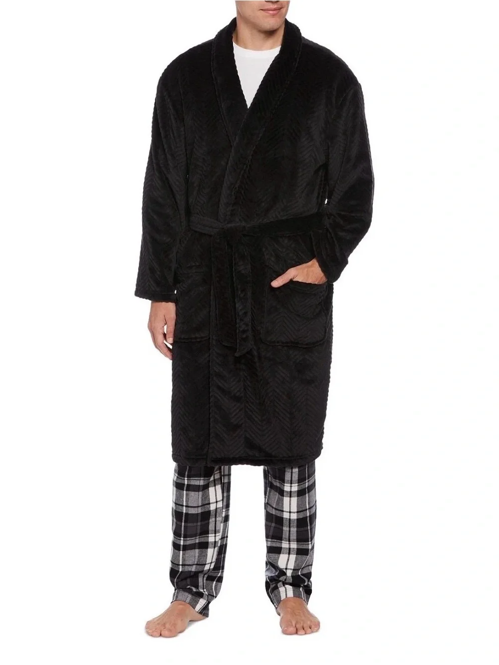 Perry Ellis Men's Herringbone Textured Soft Fleece Robe Black NEW O/S